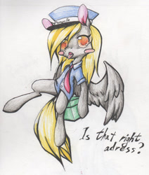 Size: 1498x1763 | Tagged: safe, artist:alcidence, derpibooru import, derpy hooves, pegasus, pony, blush sticker, blushing, box, clothes, colored pupils, grammar error, hat, mailmare, misspelling, necktie, shirt, solo, text, tongue, tongue out, traditional art