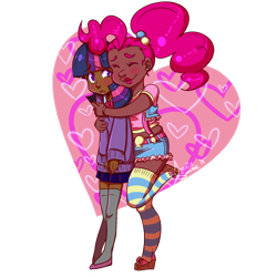 Size: 600x600 | Tagged: safe, artist:jazzie-simone, derpibooru import, pinkie pie, twilight sparkle, human, alternate hairstyle, clothes, dark skin, eyes closed, female, heart, hug, hug from behind, humanized, lesbian, overalls, pigtails, sandals, shipping, smiling, socks, striped socks, twinkie