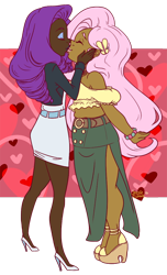 Size: 474x779 | Tagged: safe, artist:jazzie-simone, derpibooru import, fluttershy, rarity, human, clothes, dark skin, dress, eyes closed, female, flarity, hairclip, high heels, humanized, kissing, lesbian, shipping, shoes, simple background, skirt, smiling, transparent background