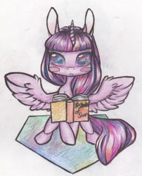 Size: 1250x1548 | Tagged: safe, artist:alcidence, derpibooru import, part of a set, twilight sparkle, twilight sparkle (alicorn), alicorn, pony, blush sticker, blushing, book, colored pupils, reading, solo, spread wings, traditional art, wings