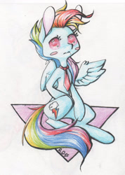 Size: 1349x1895 | Tagged: safe, artist:alcidence, derpibooru import, part of a set, rainbow dash, pegasus, pony, blush sticker, blushing, colored pupils, necktie, one wing out, solo, traditional art, wings