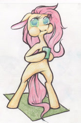 Size: 1283x1928 | Tagged: safe, artist:alcidence, derpibooru import, part of a set, fluttershy, pony, aweeg*, bipedal, colored pupils, cup, ears, floppy ears, hoof hold, puffy cheeks, solo, traditional art, wingless