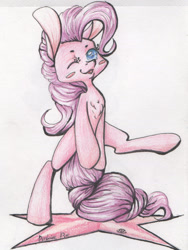 Size: 1366x1821 | Tagged: safe, artist:alcidence, derpibooru import, part of a set, pinkie pie, earth pony, pony, bipedal, blush sticker, blushing, chest fluff, colored pupils, one eye closed, solo, traditional art