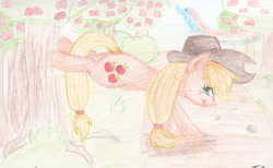 Size: 2458x1514 | Tagged: safe, artist:alcidence, derpibooru import, applejack, rainbow dash, earth pony, pegasus, pony, apple, apple orchard, apple tree, applebucking, nose wrinkle, orchard, rainbow trail, traditional art, tree