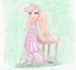 Size: 2491x2326 | Tagged: safe, artist:alcidence, derpibooru import, scootaloo, pegasus, semi-anthro, clothes, dress, female, filly, looking at you, skirtaloo, smiling, smiling at you, solo, table, traditional art