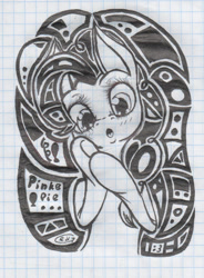 Size: 1084x1473 | Tagged: safe, artist:alcidence, derpibooru import, pinkie pie, earth pony, pony, black and white, graph paper, grayscale, ink drawing, monochrome, solo, traditional art