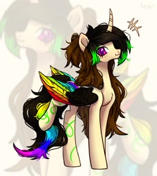 Size: 2662x2980 | Tagged: safe, artist:konejo, derpibooru import, oc, oc only, alicorn, pony, blushing, chest fluff, colored wings, curved horn, eyebrows, eyelashes, folded wings, high res, horn, long mane, long tail, looking at you, multicolored mane, multicolored tail, multicolored wings, oc name needed, purple eyes, rainbow tail, rainbow wings, raised hoof, raised leg, side view, signature, solo, tail, wings, zoom layer