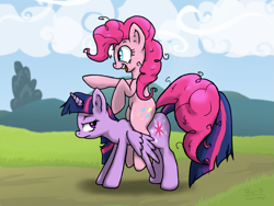 Size: 1799x1353 | Tagged: safe, artist:corsairsedge, derpibooru import, pinkie pie, twilight sparkle, twilight sparkle (alicorn), alicorn, earth pony, pony, duo, excited, female, mare, outdoors, pinkie pie riding twilight, pointing, ponies riding ponies, riding, scenery, smiling, twilight is not amused, unamused, wings, wings down