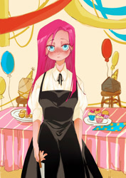 Size: 500x708 | Tagged: safe, artist:打咩达捏, derpibooru import, madame leflour, pinkie pie, rocky, human, equestria girls, balloon, cupcake, food, humanized, knife, pinkamena diane pie, pinkamena party, solo, streamers