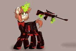 Size: 1280x854 | Tagged: safe, artist:xwosya, derpibooru import, oc, oc:flicker beat, pony, unicorn, fallout equestria, fallout equestria: project horizons, armor, fanfic art, female, freckles, gun, horn, magic, power armor, simple background, solo, unicorn oc, weapon