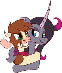 Size: 1056x1243 | Tagged: safe, artist:redahfuhrerking, derpibooru import, arizona cow, oleander, classical unicorn, cow, pony, unicorn, them's fightin' herds, curved horn, horn, hug, simple background, solo, transparent background