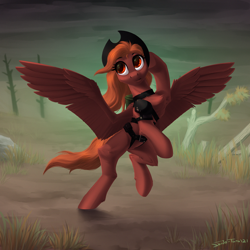 Size: 2000x2000 | Tagged: safe, artist:shido-tara, derpibooru import, oc, oc only, oc:calamity, pegasus, pony, fallout equestria, bag, belts, female, hat, high res, mare, pegasus oc, rule 63, solo, spread wings, wings