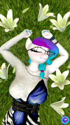 Size: 2160x3840 | Tagged: safe, artist:pootanger_sfm, derpibooru import, oc, oc only, oc:aurora starling, anthro, earth pony, 3d, blushing, breasts, busty oc, cute, earth pony oc, eyes closed, female, flower, glasses, grass, grass field, high res, lying down, ocbetes, on back, smiling, solo