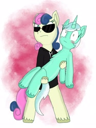 Size: 1536x2048 | Tagged: safe, artist:princessmufnart, derpibooru import, bon bon, lyra heartstrings, sweetie drops, earth pony, pony, unicorn, agent, bipedal, blushing, bridal carry, carrying, clothes, female, lesbian, lyrabon, secret agent sweetie drops, shipping, suit, sunglasses, wide eyes