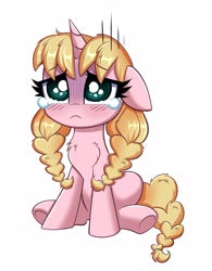 Size: 2592x3330 | Tagged: safe, artist:confetticakez, derpibooru import, oc, oc only, oc:caramel, pony, unicorn, big eyes, chest fluff, crying, cute, eyebrows, eyebrows visible through hair, eyelashes, female, filly, frown, high res, horn, ocbetes, pigtails, pink coat, sad, sadorable, simple background, sitting, solo, tail, underhoof, unicorn oc, white background, yellow mane, yellow tail