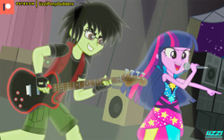 Size: 1024x640 | Tagged: safe, artist:uzzi-ponydubberx, derpibooru import, twilight sparkle, oc, equestria girls, rainbow rocks, canon x oc, female, grin, guitar, male, male and female, microphone, musical instrument, open mouth, open smile, pointing, rock (music), rock and roll, singing, smiling