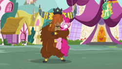 Size: 1280x720 | Tagged: safe, derpibooru import, screencap, pinkie pie, prince rutherford, earth pony, pony, yak, party pooped, season 5, duo, hape, hug, personal space invasion, squeezing
