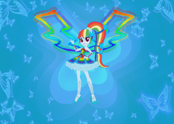 Size: 1221x869 | Tagged: safe, artist:selenaede, artist:user15432, derpibooru import, rainbow dash, equestria girls, alternate hairstyle, barely eqg related, base used, butterflix, clothes, colored wings, crossover, dress, fairy, fairy wings, fairyized, female, hand on hip, high heels, lipstick, long hair, looking at you, multicolored wings, ponied up, ponytail, rainbow dress, rainbow wings, shoes, smiling, smiling at you, solo, wings, winx, winx club, winxified