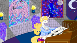 Size: 1272x710 | Tagged: safe, artist:manaminori, derpibooru import, princess luna, oc, oc:guiding light, alicorn, unicorn, blazer, candle, clothes, jabot, keyboard, music inspired, musical instrument, night, organ, organist, pipe organ, shirt, sitting, stained glass