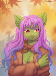 Size: 876x1200 | Tagged: safe, artist:margony, derpibooru import, oc, oc only, anthro, anthro oc, autumn, breasts, cleavage, clothes, ear fluff, ears, female, looking sideways, looking to side, mare, solo