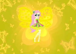 Size: 1220x868 | Tagged: safe, artist:selenaede, artist:user15432, derpibooru import, fluttershy, human, equestria girls, alternate hairstyle, bare shoulders, barely eqg related, base used, butterflix, clothes, crossover, dress, fairy, fairy wings, fairyized, green dress, hand on arm, high heels, long hair, ponied up, shoes, sleeveless, wings, winx, winx club, winxified, yellow wings