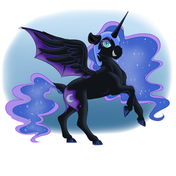 Size: 1200x1200 | Tagged: safe, artist:cocadoodles, derpibooru import, nightmare moon, alicorn, pony, bat wings, female, horn, mare, partial background, solo