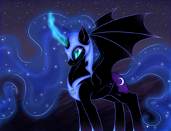 Size: 2600x2000 | Tagged: safe, artist:bennythebunny95, derpibooru import, nightmare moon, alicorn, pony, bat wings, curved horn, female, horn, mare, night, night sky, sky, solo, stars