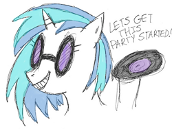 Size: 447x337 | Tagged: safe, artist:askpinkiepieandfriends, derpibooru import, dj pon-3, vinyl scratch, pony, unicorn, bust, female, mare, record, simple background, sketch, smiling, solo, sunglasses, white background