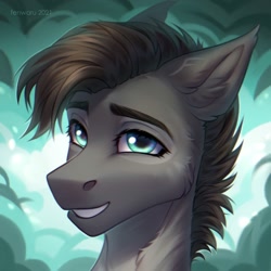 Size: 2000x2000 | Tagged: safe, artist:fenwaru, derpibooru import, oc, oc only, earth pony, pony, abstract background, blue eyes, bust, ear fluff, ears, earth pony oc, eyebrows, eyelashes, grin, looking at you, oc name needed, portrait, smiling, smiling at you, solo, teeth, watermark