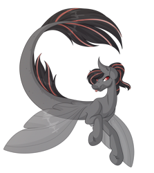 Size: 2315x2590 | Tagged: safe, artist:amazing-artsong, derpibooru import, oc, oc only, seapony (g4), clothes, dorsal fin, ear fluff, ears, fin wings, fins, fish tail, flowing mane, flowing tail, looking at you, male, red eyes, see-through, simple background, smiling, solo, tail, tongue, tongue out, transparent background, unshorn fetlocks, wings