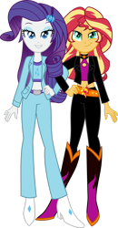 Size: 1764x3400 | Tagged: safe, artist:limedazzle, derpibooru import, rarity, sunset shimmer, equestria girls, boots, clothes, dreamworks face, duo, duo female, female, grin, hand on hip, high heel boots, high heels, high res, irl, irl human, jacket, looking at you, midriff, photo, shoes, simple background, smiling, smiling at you, sports bra, transparent background, vector