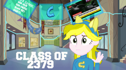 Size: 1024x573 | Tagged: safe, artist:jrshinkansenhorse, derpibooru exclusive, derpibooru import, oc, oc only, oc:captain becky ray shoichet, better together, equestria girls, blonde, blonde hair, breaking news, crossover, future, futuristic, graduation, news, scimitar, space, star trek, star trek: sunset shimmer, uss enterprise, vulcan salute, young becky ray, younger