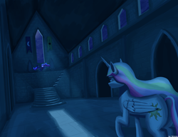 Size: 3250x2500 | Tagged: safe, artist:trotski432, derpibooru import, princess celestia, princess luna, princess twilight sparkle (episode), angry, banner, castle of the royal pony sisters, ethereal mane, female, mare, moonlight, night, pillar, stairs, throne, window