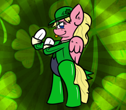 Size: 798x700 | Tagged: safe, artist:tranzmuteproductions, derpibooru import, oc, oc only, pegasus, pony, :p, bipedal, clothes, clover, female, hat, holiday, latex, latex socks, looking at you, mare, necktie, pegasus oc, saint patrick's day, smiling, smiling at you, socks, solo, suit, tongue, tongue out, wings