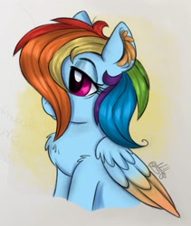 Size: 1727x2048 | Tagged: safe, artist:millefaller, derpibooru import, rainbow dash, pegasus, pony, alternate hairstyle, bags under eyes, bust, chest fluff, ear fluff, ears, female, hair over one eye, lidded eyes, mare, signature, solo, wings