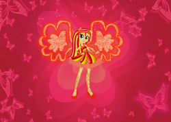 Size: 1221x869 | Tagged: safe, artist:selenaede, artist:user15432, derpibooru import, sunset shimmer, human, equestria girls, alternate hairstyle, barely eqg related, base used, butterflix, clothes, crossover, dress, fairy, fairy wings, fairyized, hand on hip, high heels, long hair, orange wings, ponied up, red dress, shoes, wings, winx, winx club, winxified