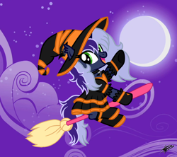 Size: 2200x1952 | Tagged: safe, artist:princessmoonsilver, derpibooru import, oc, oc:krystel, pony, unicorn, background, clothes, costume, halloween, halloween costume, hat, holiday, night, solo, witch, witch hat