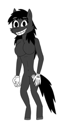 Size: 720x1544 | Tagged: safe, artist:fxmaf, derpibooru import, oc, oc:cartoon pony, anthro, earth pony, pony, unguligrade anthro, belly button, black fur, black mane, breasts, cartoon cat, chest fluff, clothes, complete nudity, featureless breasts, featureless crotch, female, gloves, nudity, original art, simple background, smiling, solo, teeth, white background