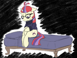 Size: 1600x1200 | Tagged: safe, artist:bigboydover, moondancer, pony, unicorn, bed, clothes, depressed, female, glasses, horn, mane, pillow, sad, solo, sweater