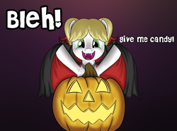 Size: 4658x3463 | Tagged: safe, artist:trash anon, oc, oc only, oc:philia, earth pony, pony, undead, vampire, adorable face, bipedal, cape, clothes, costume, cute, fangs, female, filly, halloween, holiday, nightmare night, nightmare night costume, philiabetes, pigtails, pumpkin, smiling, solo, talking to viewer