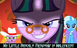 Size: 800x497 | Tagged: safe, artist:dashiesparkle, spike, starlight glimmer, trixie, dragon, pony, unicorn, >:), cape, clothes, evil grin, fedora, female, fire, friendship is maleficent, glasses, grin, lidded eyes, looking at you, mare, open mouth, quill, sinister, sinister smile, trio