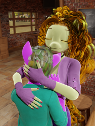 Size: 1013x1350 | Tagged: safe, artist:stellarator, derpibooru import, adagio dazzle, oc, oc:peach cobbler, anthro, unguligrade anthro, comic:we will be adored, comic:we will be adored part 24, 3d, blender, cute, cycles, hug, not sfm