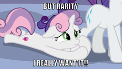 Size: 1066x600 | Tagged: safe, derpibooru import, edit, edited screencap, editor:twi clown, screencap, rarity, sweetie belle, pony, unicorn, marks for effort, caption, cute, ears, female, filly, floppy ears, image macro, leg grab, mare, sad, siblings, sisters, text