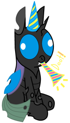Size: 1154x2000 | Tagged: safe, artist:theunidentifiedchangeling, derpibooru import, oc, oc:[unidentified], changeling, changeling oc, derp, digital art, doot, foal, hat, horn, male, mlp fim's eleventh anniversary, party hat, party horn, simple background, sitting, solo, transparent background, wings
