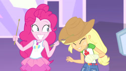 Size: 3410x1920 | Tagged: safe, derpibooru import, screencap, applejack, pinkie pie, constructive criticism, constructive criticism: pinkie pie, equestria girls, equestria girls series, applejack's hat, belt, broken hand, clothes, cowboy hat, cute, denim skirt, diapinkes, drumsticks, eyes closed, female, geode of sugar bombs, geode of super strength, grin, hat, high res, jackabetes, jewelry, magical geodes, necklace, skirt, smiling, tanktop