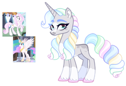 Size: 1280x880 | Tagged: safe, artist:transglimmer, derpibooru import, fleur-de-lis, princess celestia, oc, alicorn, pony, unicorn, coat markings, horn, lidded eyes, magical lesbian spawn, multicolored hair, offspring, parent:fleur-de-lis, parent:princess celestia, parents:fleur-de-lestia, simple background, socks (coat marking), transparent background, unicorn oc, unshorn fetlocks