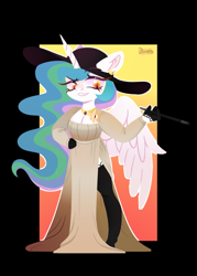 Size: 500x700 | Tagged: safe, artist:fourteennails, derpibooru import, princess celestia, alicorn, anthro, breasts, cigarette holder, clothes, dress, female, hand on hip, hat, lady dimitrescu, mare, princess breastia, resident evil 8, smiling