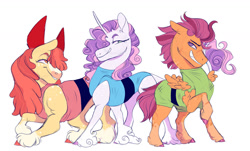 Size: 1280x771 | Tagged: safe, artist:glorymoon, derpibooru import, apple bloom, scootaloo, sweetie belle, earth pony, pegasus, pony, unicorn, blossom (powerpuff girls), bubbles (powerpuff girls), buttercup (powerpuff girls), clothes, cosplay, costume, cutie mark crusaders, dress, grin, nightmare night costume, simple background, smiling, the powerpuff girls, unshorn fetlocks, white background