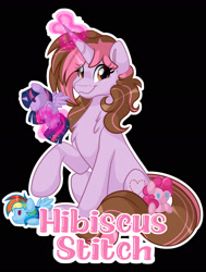 Size: 1600x2114 | Tagged: safe, artist:missmele-madness, derpibooru import, pinkie pie, rainbow dash, twilight sparkle, twilight sparkle (alicorn), oc, oc:hibiscus stitch, alicorn, pony, unicorn, black background, female, magic, mare, plushie, simple background