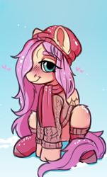 Size: 3192x5288 | Tagged: safe, artist:dinoalpaka, derpibooru import, fluttershy, pegasus, pony, absurd resolution, blushing, clothes, cute, daaaaaaaaaaaw, eye clipping through hair, eyebrows, eyebrows visible through hair, female, heart, looking at you, mare, scarf, shyabetes, sitting, sketch, smiling, smiling at you, socks, solo, stockings, sweater, thigh highs, winter, winter outfit